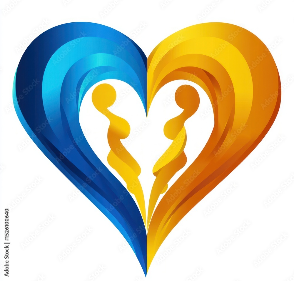 Poster abstract blue and orange heart shape with two stylized human figures facing each other in the center