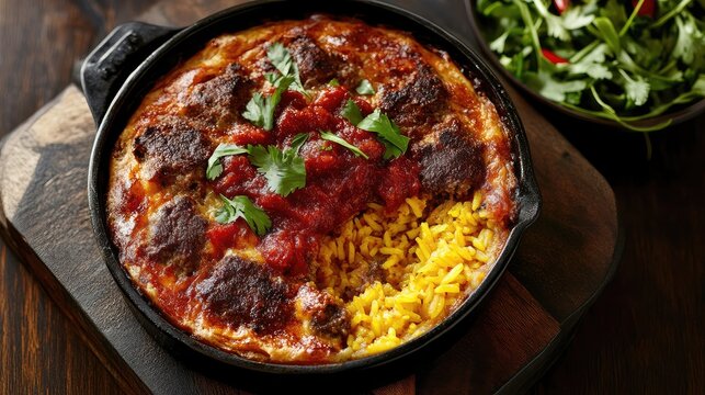 South African bobotie meat pie with yellow rice and chutney served in a casserole dish
