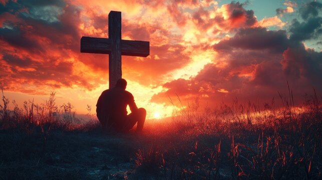 Silhouette of a person sitting near a large wooden cross during a dramatic sunset with vibrant orange and red clouds over a grassy hill