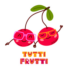 Cute cherry characters with glasses and smiling faces. Tutti Frutti. Great for kids, summer, prints, and playful designs.
