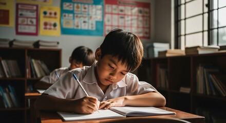 Focused Young Boy Writing in Classroom Notebook