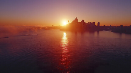 Stunning sunrise over city skyline reflecting on calm waters, creating serene atmosphere