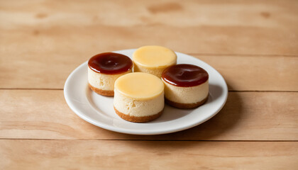 Obraz premium Mini cheesecakes with caramel and fruit toppings on a plate 