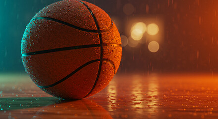 Fototapeta premium Dynamic close-up image of a wet basketball resting on a glossy wooden court under dramatic arena lighting.