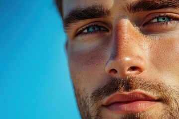 Obraz premium Clean-shaven man showcases smooth complexion against clear blue sky, capturing a moment of serene confidence and tranquility