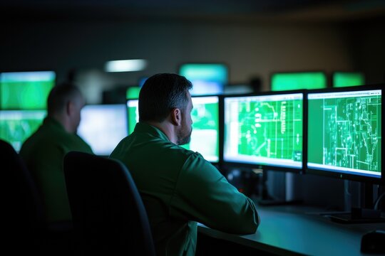 Monitors glow in dark room, revealing intricate data and maps fo