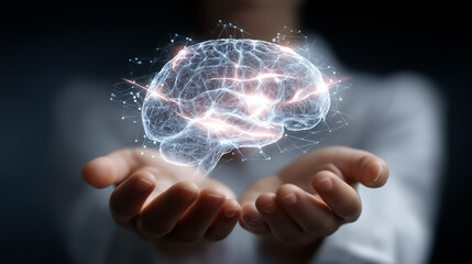 Futuristic artificial intelligence concept featuring holographic glowing brain above doctor's hands. Tech medical interface with dark background. Innovation and science theme