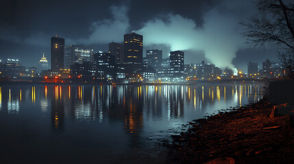stunning Detroit skyline illuminated night reflects beautifully calm water, creating serene