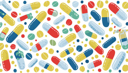 Vibrant seamless pattern showcasing colorful hand-drawn pills and capsules on white. This artistic illustration features various medical tablets and shapes, ideal for healthcare, pharmacy, or wellness
