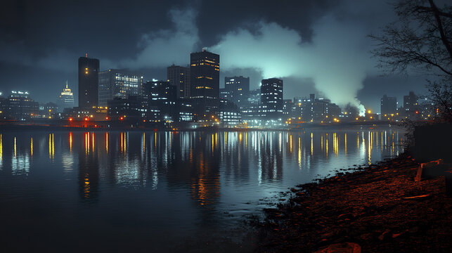 stunning Detroit skyline illuminated night reflects beautifully calm water, creating serene - Powered by Adobe