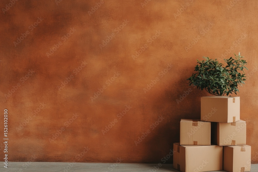 Poster stacked cardboard boxes with greenery create warm, inviting atmo