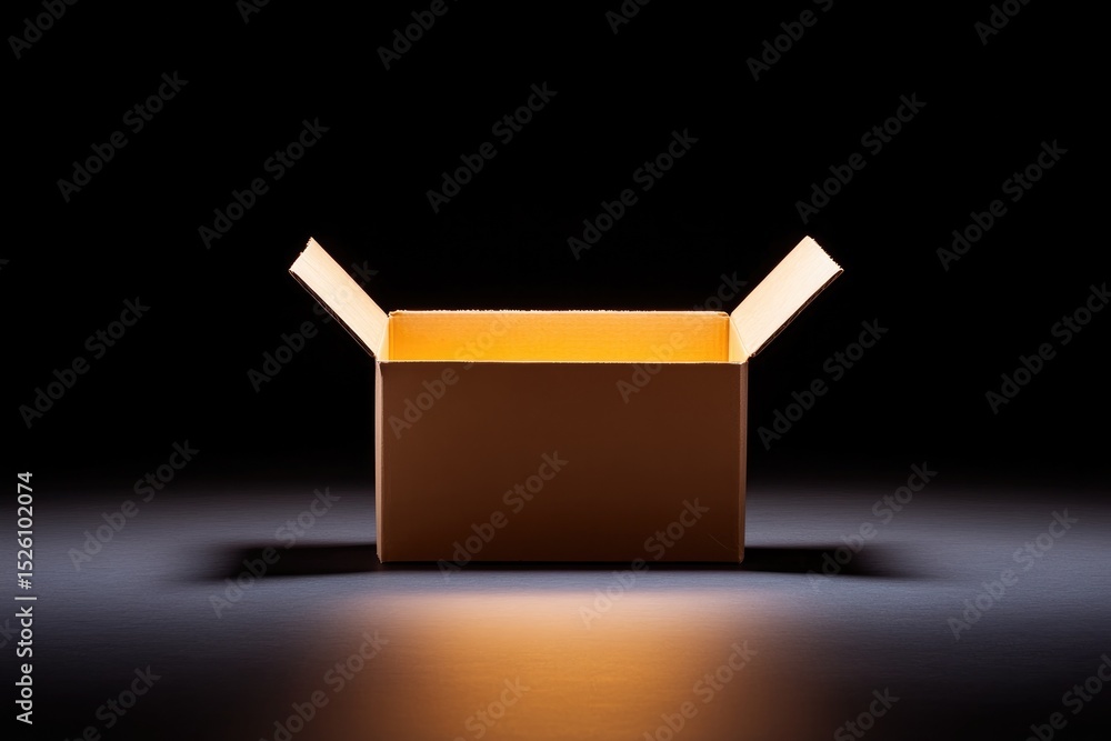 Poster open cardboard box illuminated from within, creating warm, invit