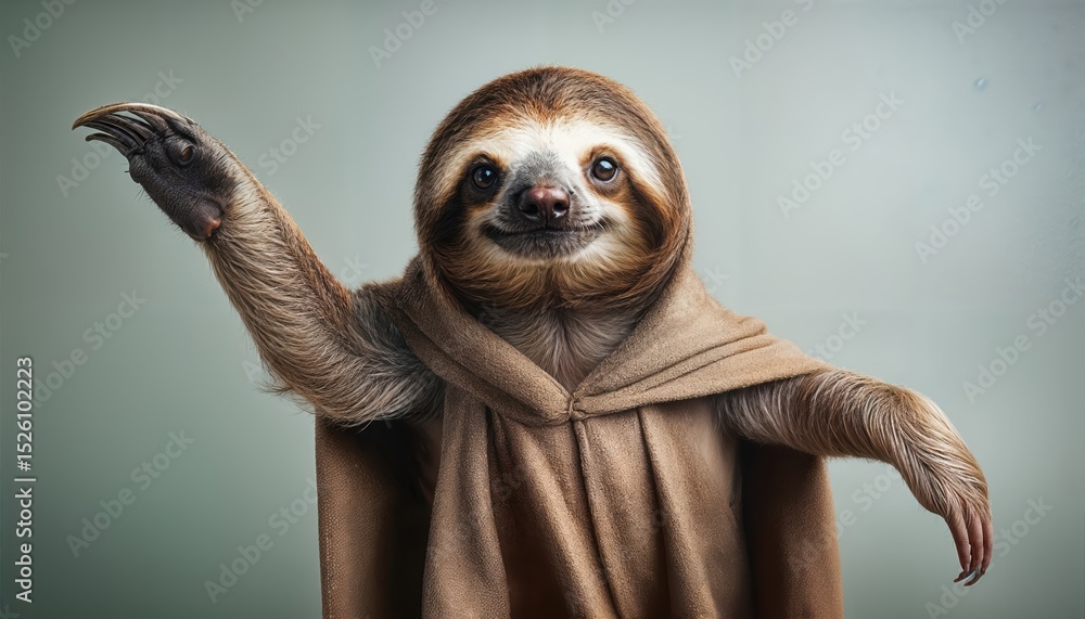 Poster enchanting studio shot of a quirky sloth floating in a fantasy setting wearing a cloak, blending hum