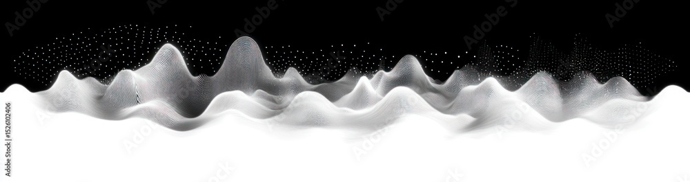 Poster abstract digital landscape composed of white flowing wave-like forms and dotted patterns on a black 