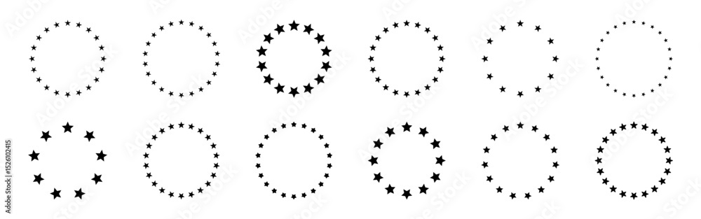 Poster stars in circle frame. stars of various sizes arranged in a circle. round frame, border.