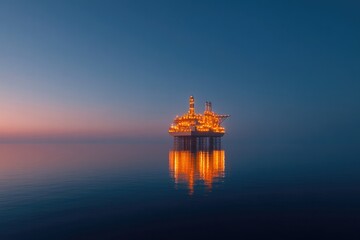 Illuminated offshore platform stands majestically against twilig