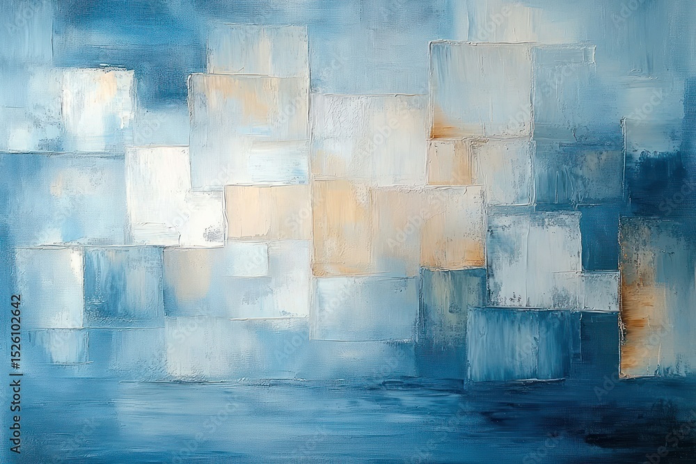 Poster abstract painting of overlapping textured rectangles in soft blue, white, and beige tones creating a
