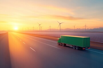 Green truck driving on highway at sunset with wind turbines in b