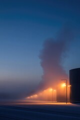 Industrial landscape at dawn, illuminated by warm lights amidst