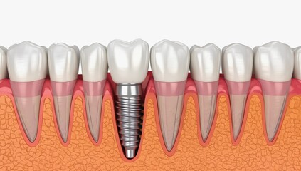 An accurate cross-section view of a healthy dental implant surrounded by natural teeth, illustrating successful integration and alignment.