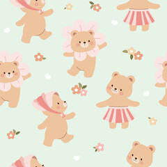 three bears with skirt , hat  ,flower hat  , flowers and mini heart seamless pattern , vector , illustration