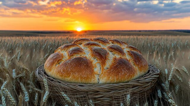 Freshly baked loaf of bread in a woven basket amongst golden wheat stalks at sunset