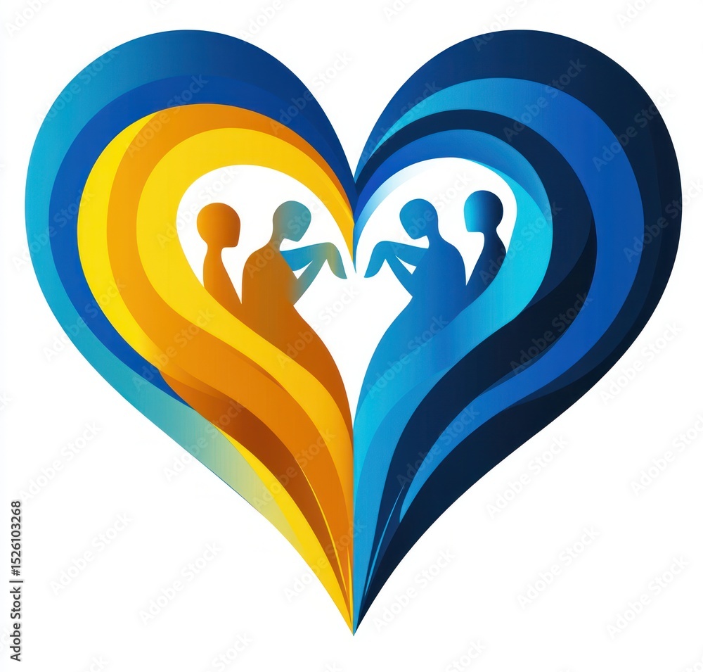 Poster abstract heart shape composed of layered blue and yellow silhouettes of people extending hands towar