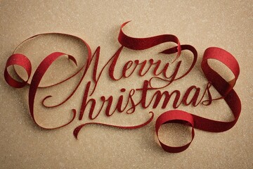 "Merry Christmas" text written in curling red satin ribbons, elegant curves, festive composition, gold glitter background, romantic and festive look