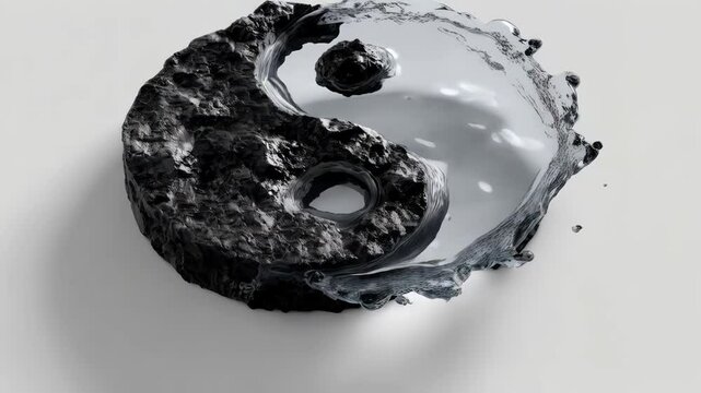 Exploration of balance in nature through a striking yin yang sculpture with water flowing and textured rock elements
