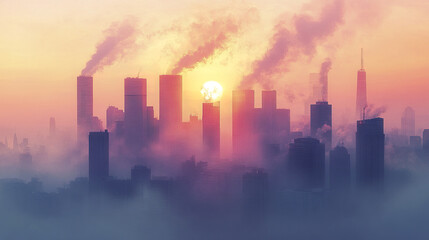 Fototapeta premium vibrant urban skyline shrouded in factory smog, with stunning sunset illuminating scene