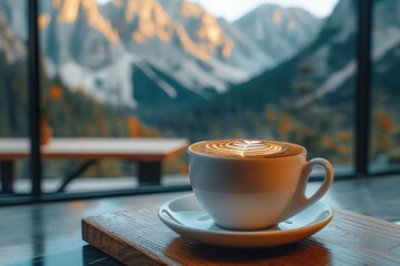 Obraz premium Scenic mountain view with a cup of coffee.