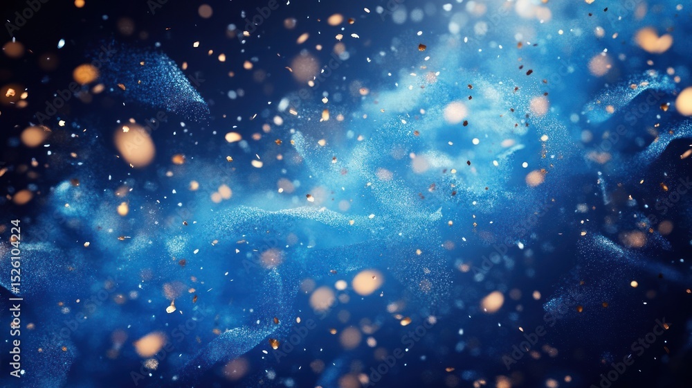 Poster abstract cosmic scene with blue swirling mist and scattered glowing golden particles creating a dyna