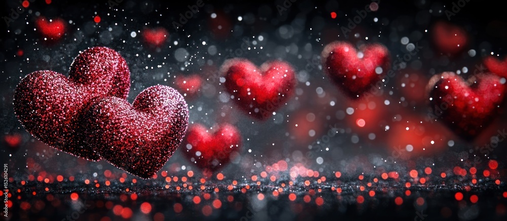 Poster multiple red glittering hearts floating in dark space with sparkling bokeh lights creating a romanti