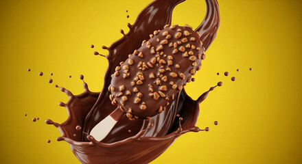 Fototapeta premium Chocolate-covered ice cream on a stick with crushed nuts hanging in the air in chocolate sprinkles, on a yellow background