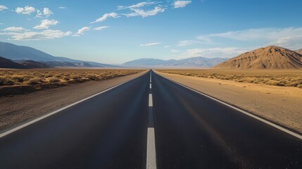 Long empty desert road leading into mountains under blue sky