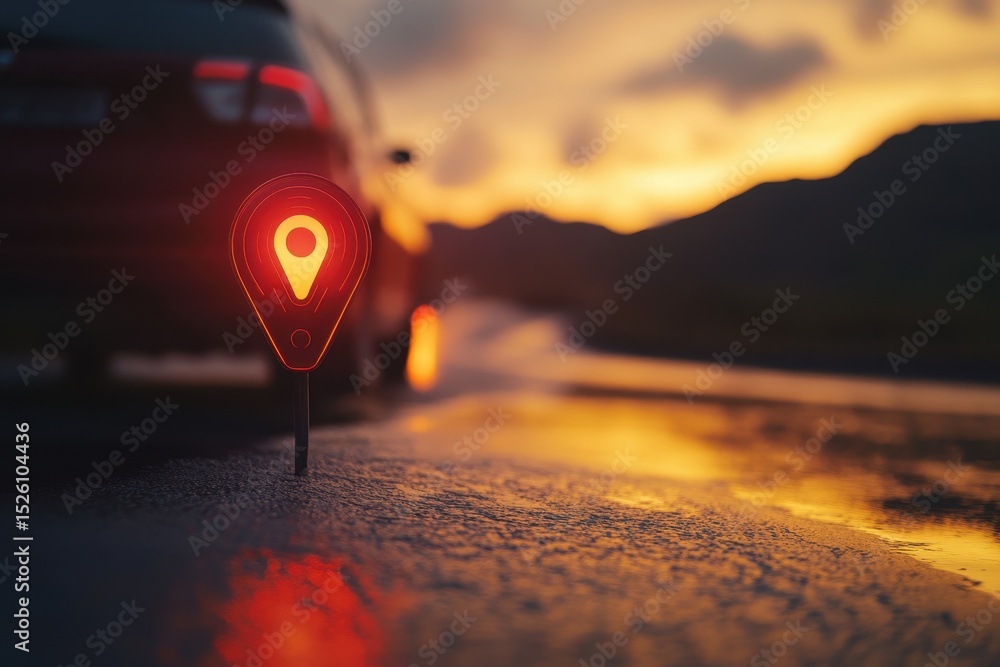 Poster gps tracking signal for a vehicle on an empty road at sunset with a glowing location marker signalin