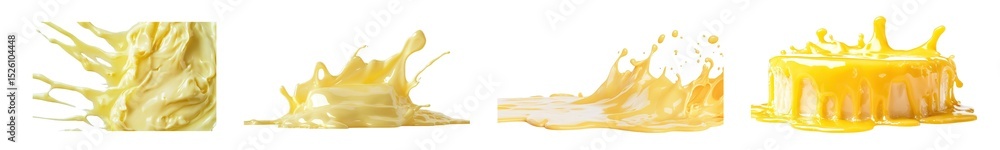 Poster set of yellow liquid splashing isolated on transparent background