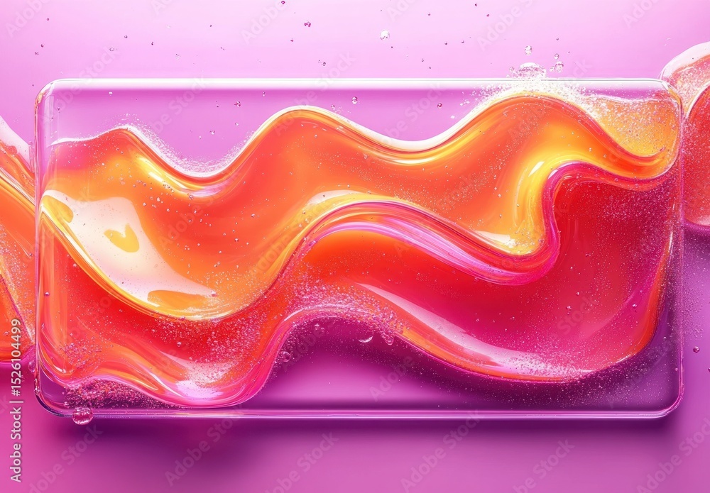 Poster close-up of a clear rectangular container holding swirling vibrant orange and red liquid with bubble