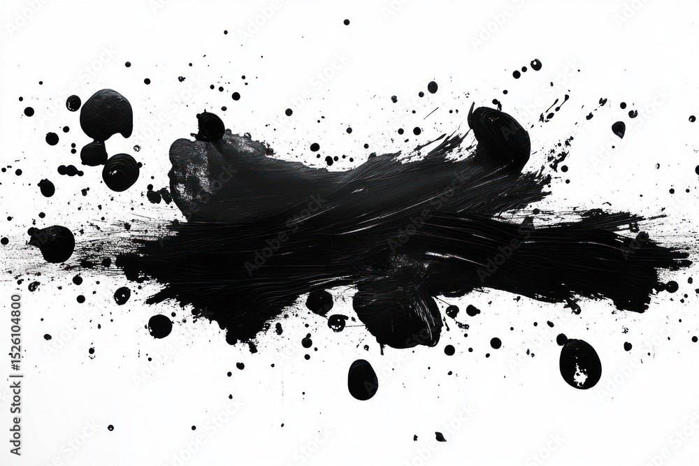 Poster wide thick black paint stroke across white canvas with scattered splatters and droplets creating abs