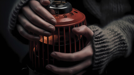 Hands in warm sweater holding a portable gas heater, symbolizing cold weather, survival, and warmth during winter or power outage.

