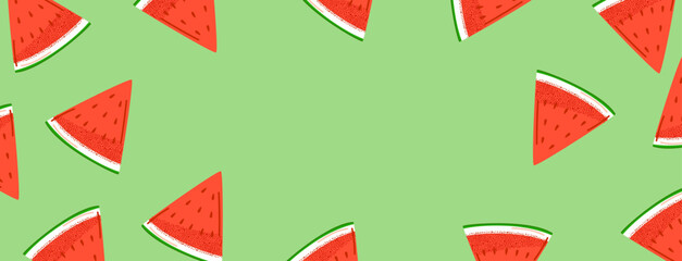Fresh watermelon summer background with slices on a green backdrop for banners, posters, and summer-themed designs