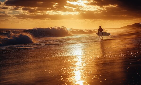 Silhouette of a surfer walking along the beach with a surfboard at sunset with golden light reflecting on wet sand and waves crashing