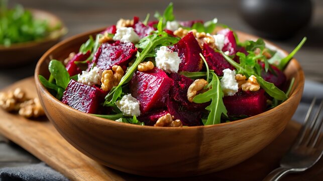 Roasted Beet Salad with Arugula, Walnuts, and Goat Cheese in a Wooden Bowl