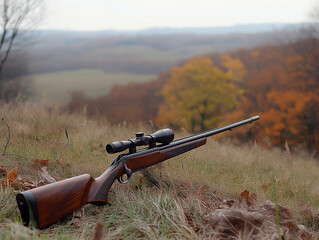 AI generator images of hunting rifle with a scope on an old log ,Rifle on workbench with tools and ammunition, detailed view of firearm components and accessories