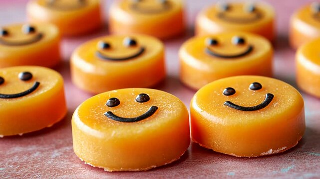 Close-up of round, orange candies with smiley faces