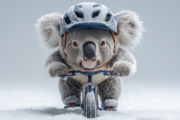 A quirky koala in fuzzy biking helmet pedaling through snow on solid white background, relaxed yet determined, cold-weather race.