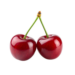 Two shiny, ripe red cherries connected by their green stems, showcasing a smooth and glossy surface.