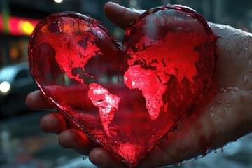 A luminous heart-shaped object holding a world map.