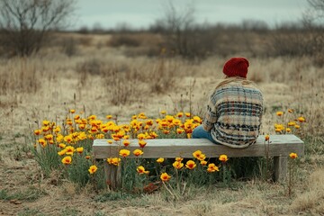 A person sits alone on a park bench surrounded by wildflowers.