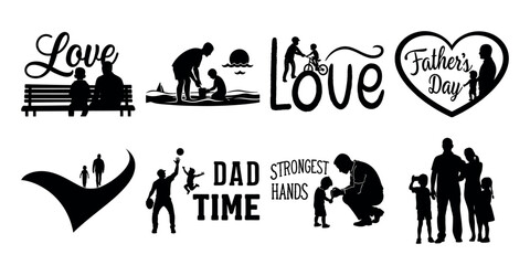 silhouette of father and child ,and family, with special word for dad, symbolizing love, connection, and family bond, boundel set